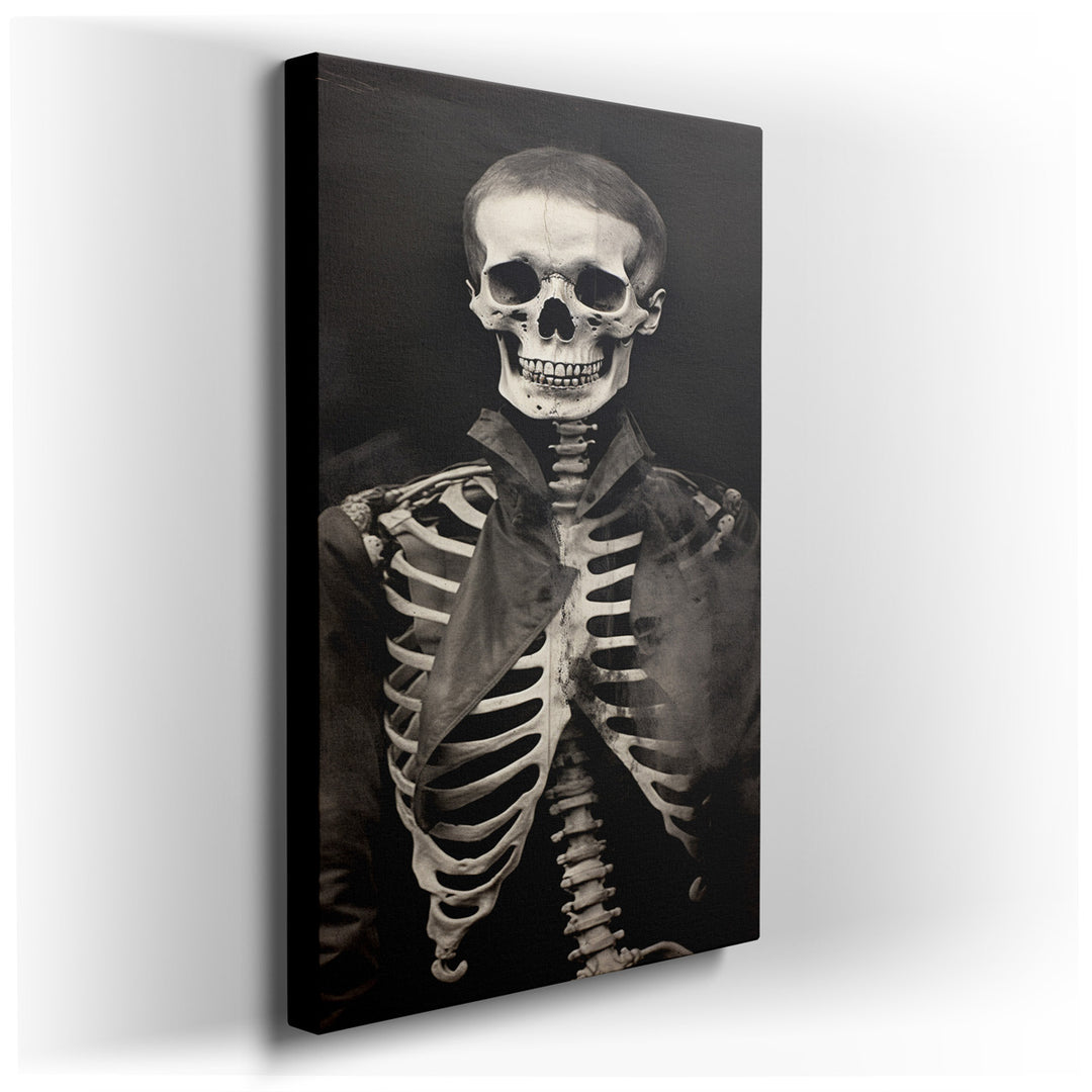 canvas print on wrapped canvas for wall decor – This evocative wall art captures the essence of a haunting yet historical tableau, featuring a skeleton garbed in a meti...