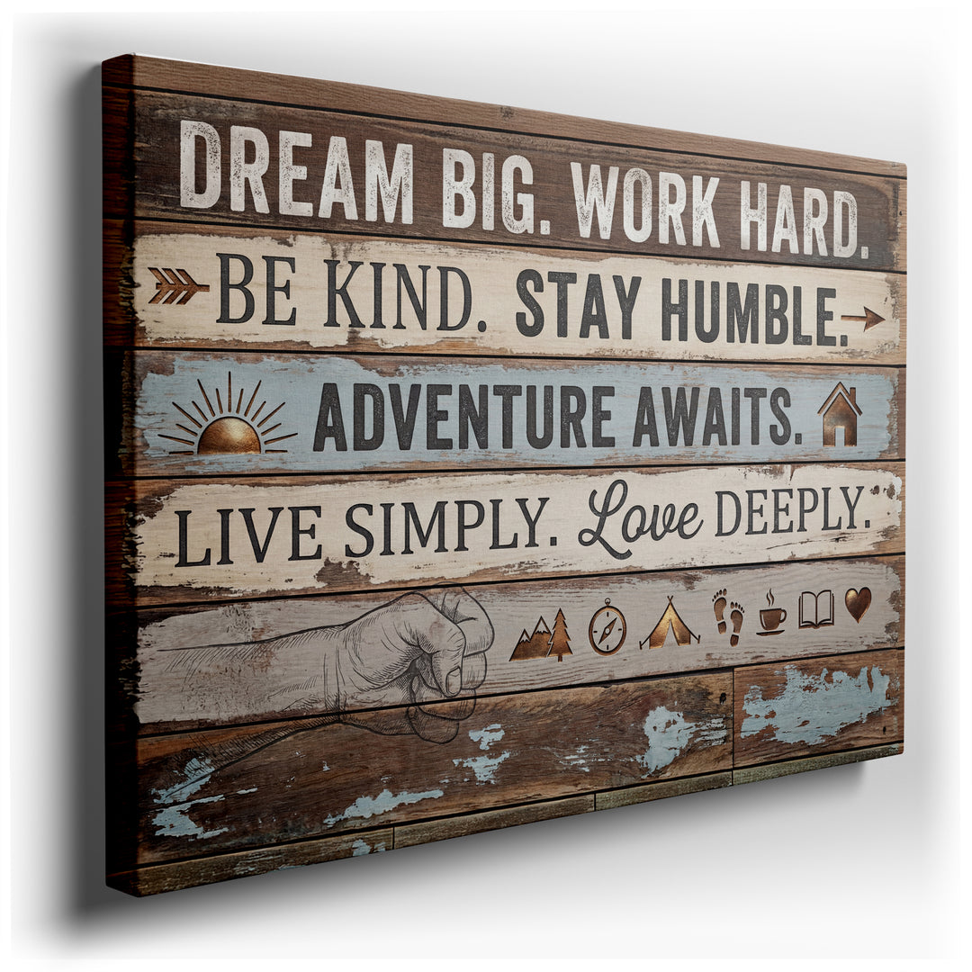 Rustic wood plank canvas featuring motivational quotes and graphics: sunrise, compass, tent, footprints, book, and heart symbols.