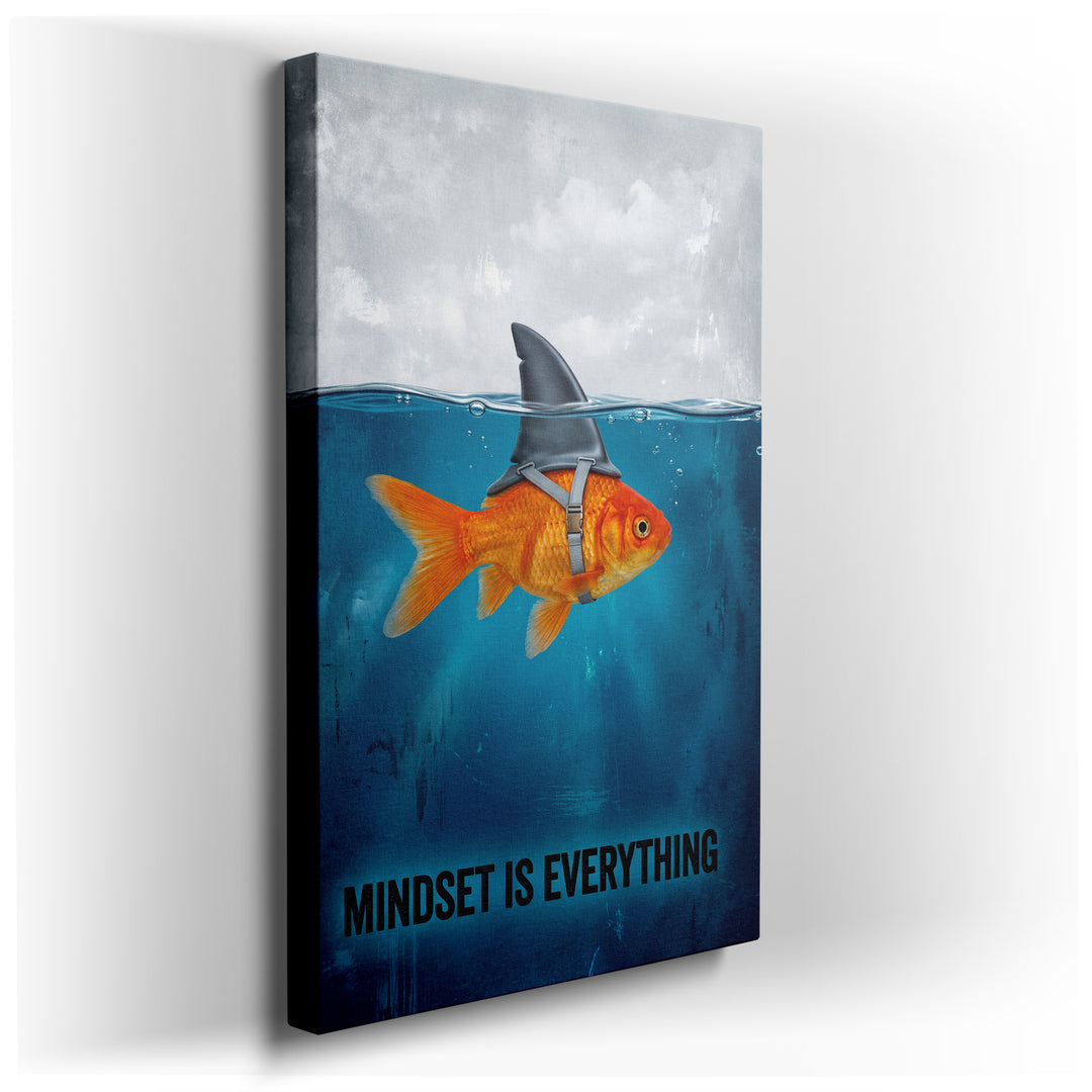Vibrant canvas art featuring a goldfish wearing a shark fin with the motivational text Mindset Is Everything.