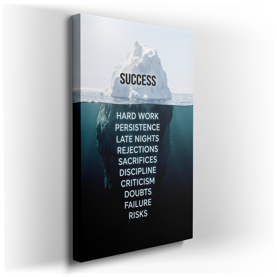Canvas art depicting a success iceberg with the word SUCCESS above the water and challenges listed underneath.