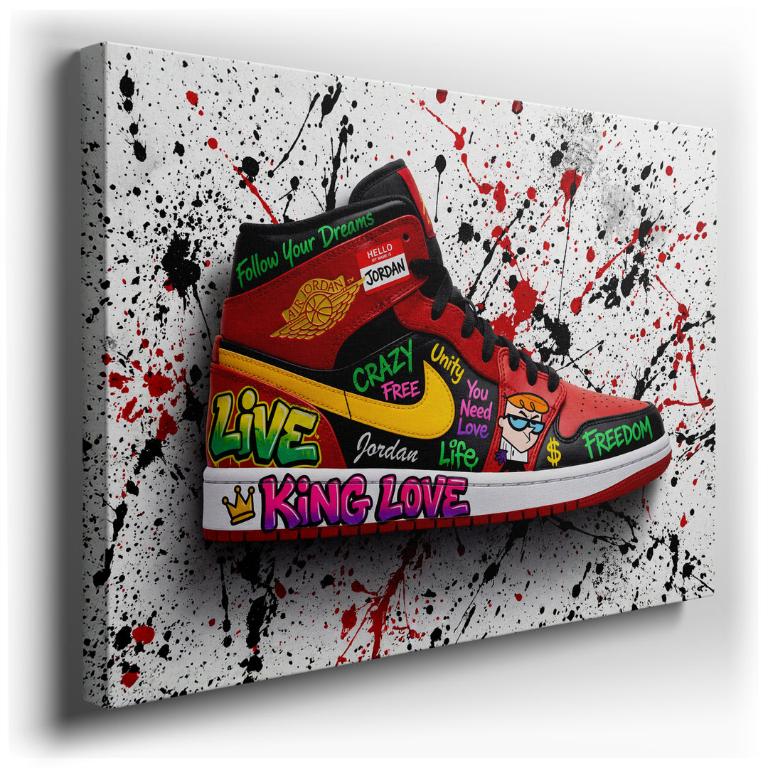 Vibrant pop art canvas featuring a graffiti-style Air Jordan sneaker, colorful typography, and a likeness of Dexter from Dexter's Laboratory on a paint splattered background.