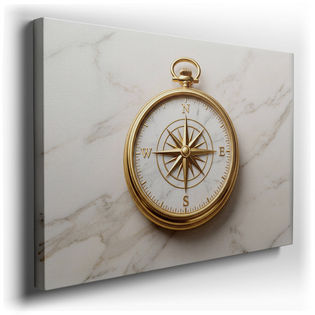 Canvas wall art featuring a detailed golden compass with a luxurious finish, set against a subtle, textured marble background.