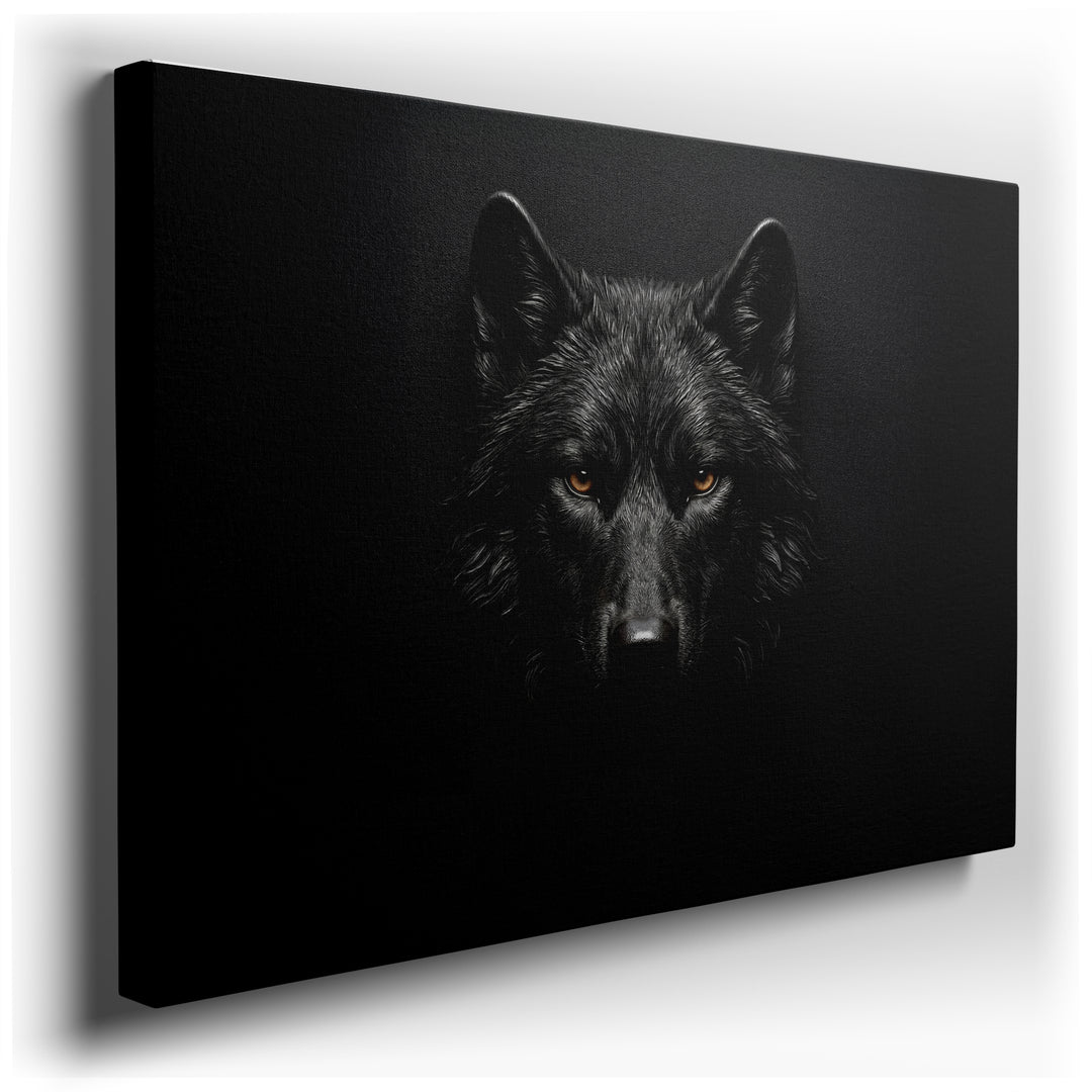 Detailed canvas art featuring a majestic black wolf with piercing amber eyes against a dramatic, dark background.
