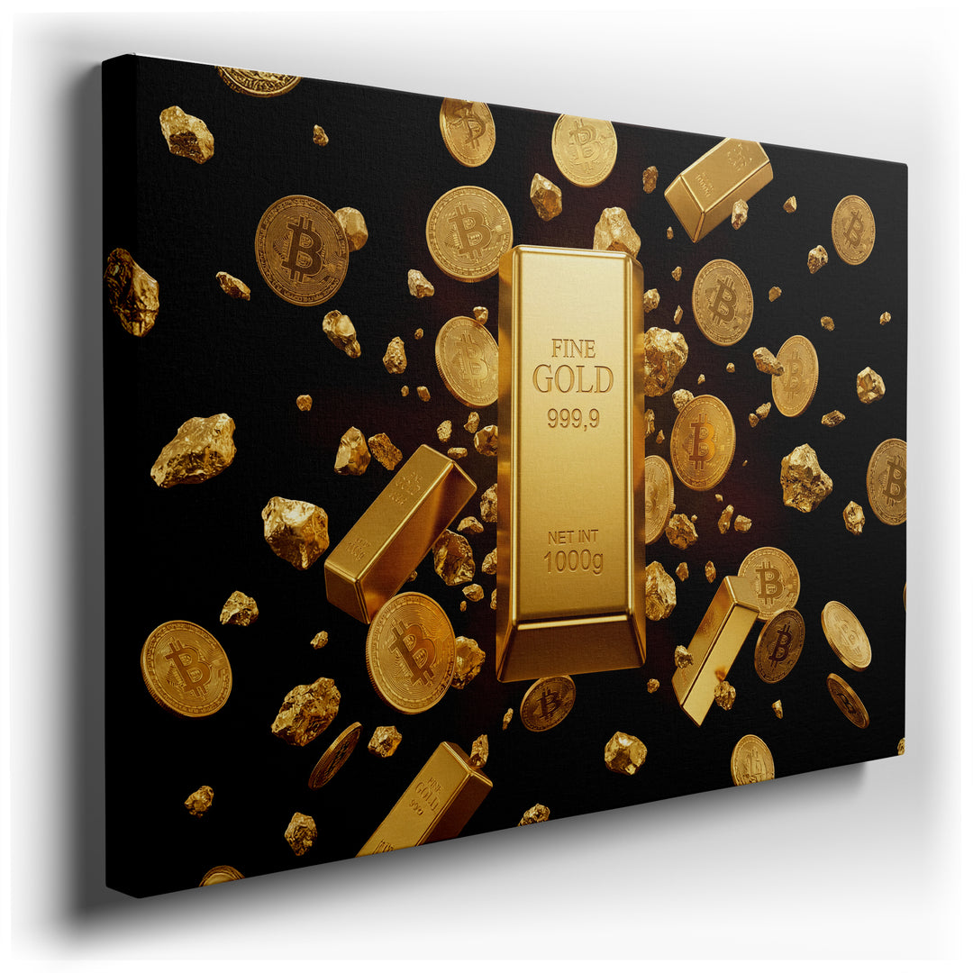 Canvas wall art depicting lustrous gold bars, shimmering gold nuggets, and gleaming Bitcoin coins against a deep black background.