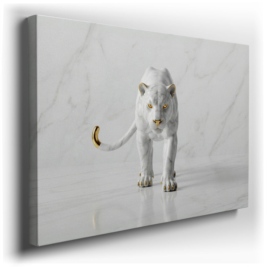 Majestic tiger canvas wall art rendered in elegant white and grey marble texture with luxurious gold accents.
