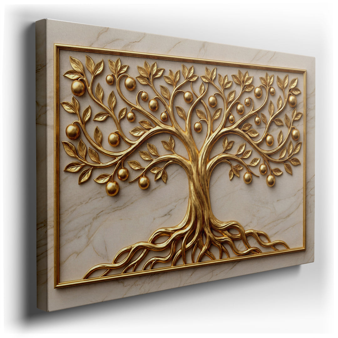 Intricate golden Tree of Life canvas art with detailed leaves and fruit, set against a subtle marble background. The gold accents create a sophisticated and elegant focal point.