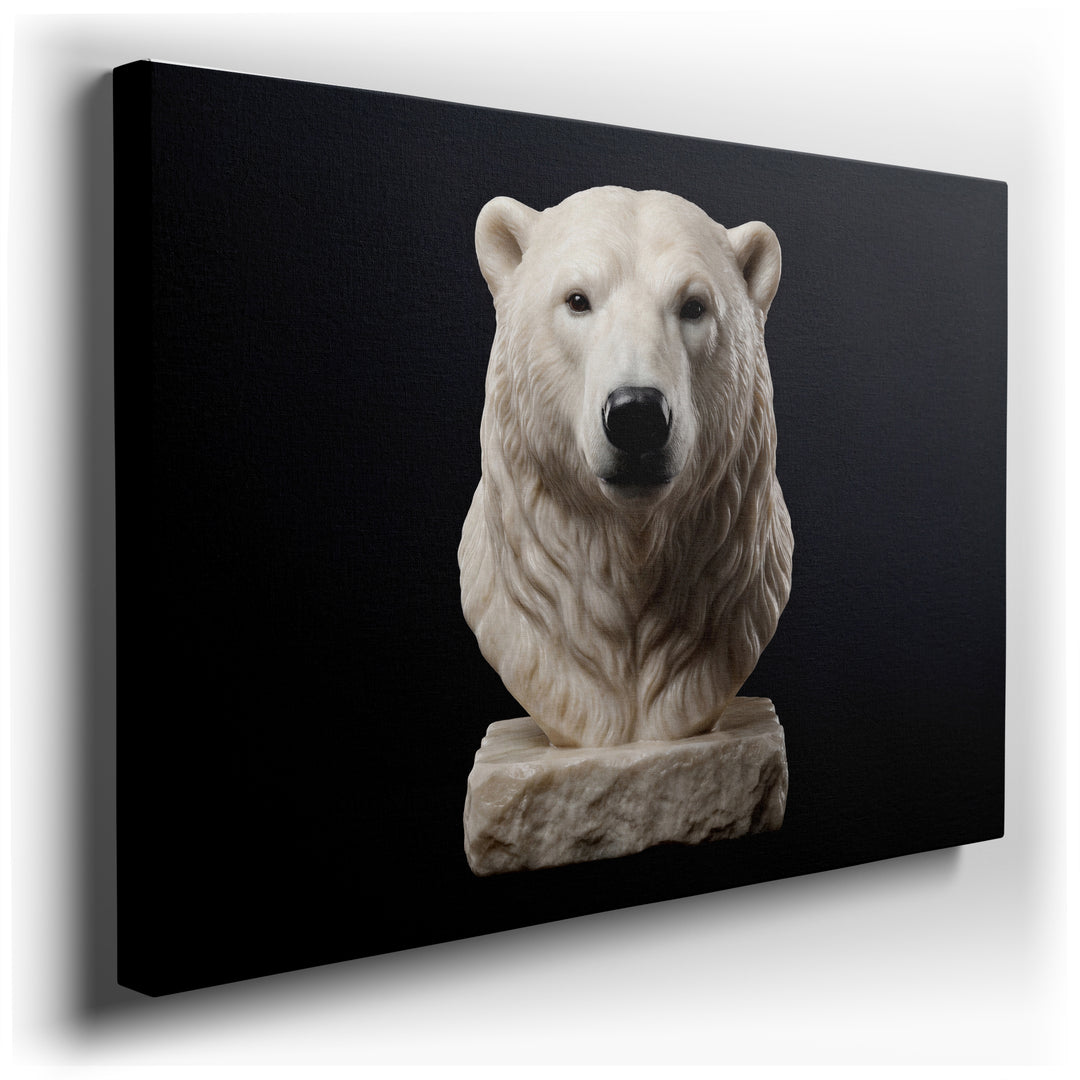 A canvas print featuring a detailed polar bear bust sculpture in neutral tones, showcasing the animal's powerful and serene presence.