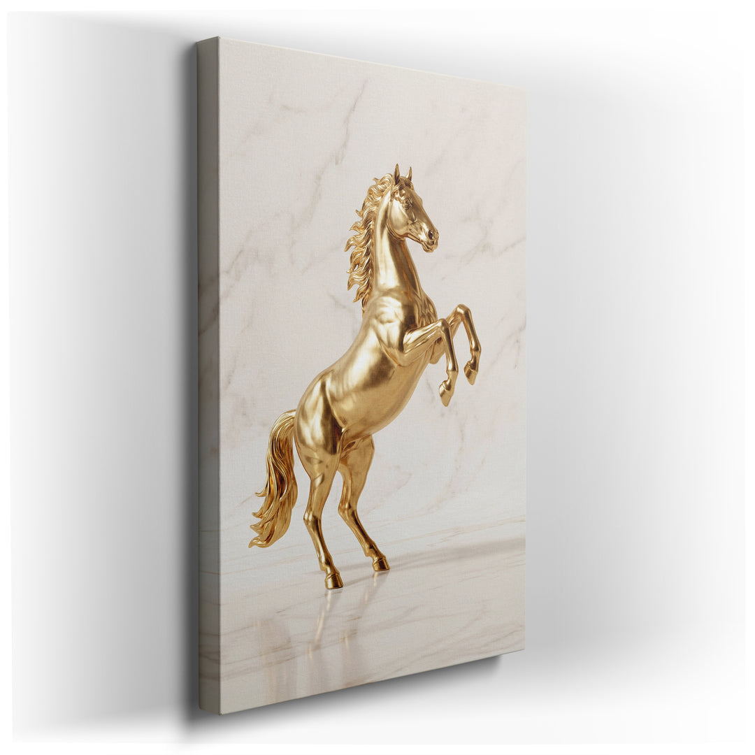 A canvas print featuring a majestic rearing golden horse sculpture set against a luxurious, subtly veined marble background.