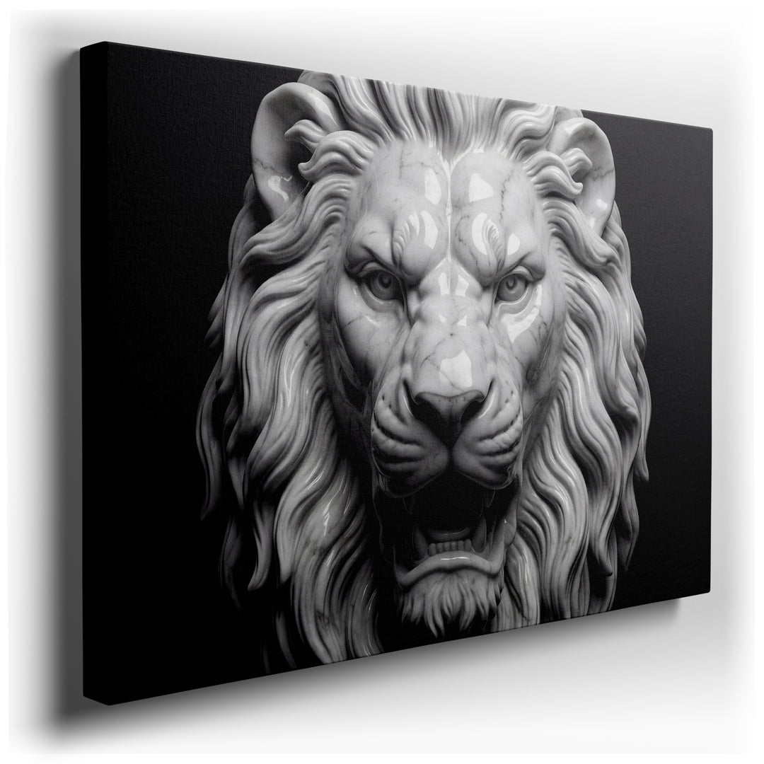 Canvas print featuring a majestic, meticulously crafted lion sculpture rendered in exquisite marble against a dark background.