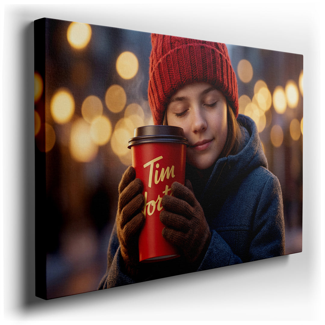 Canvas print of a girl with closed eyes holding a steaming Tim Hortons coffee cup, featuring warm bokeh lights in the background.
