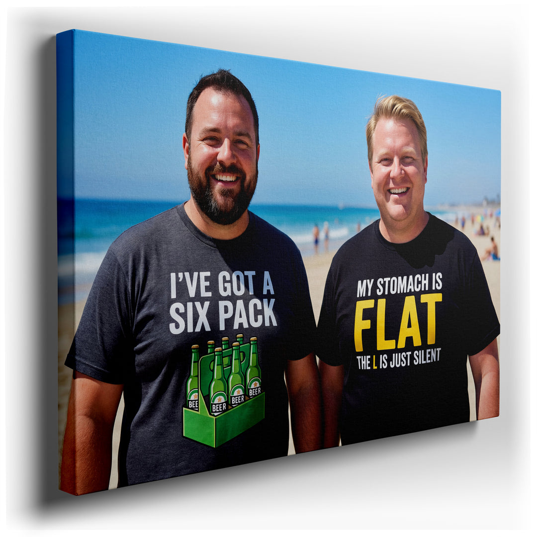 Canvas art showing two cheerful men on a sunny beach. One wears a shirt about a literal six pack of beer; the other has a humorous slogan about a flat stomach.