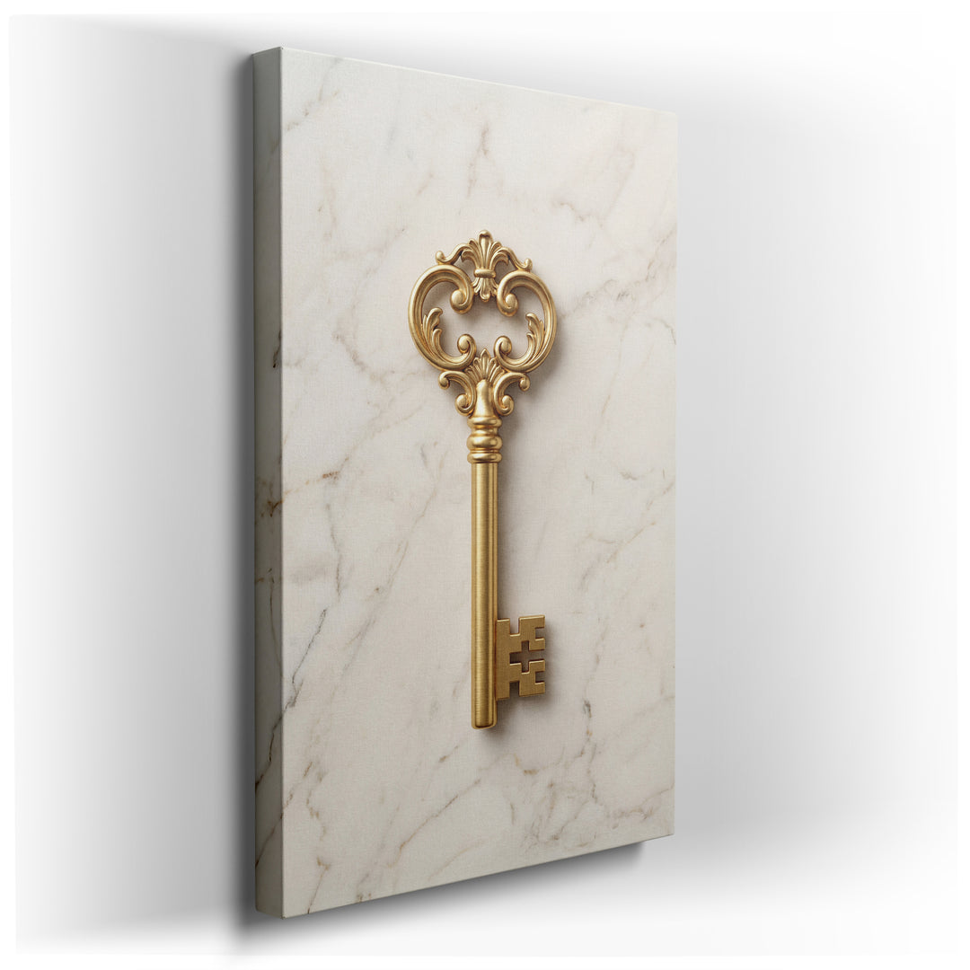 Detailed antique-style golden key canvas wall art set against a textured marble background, conveying vintage elegance.