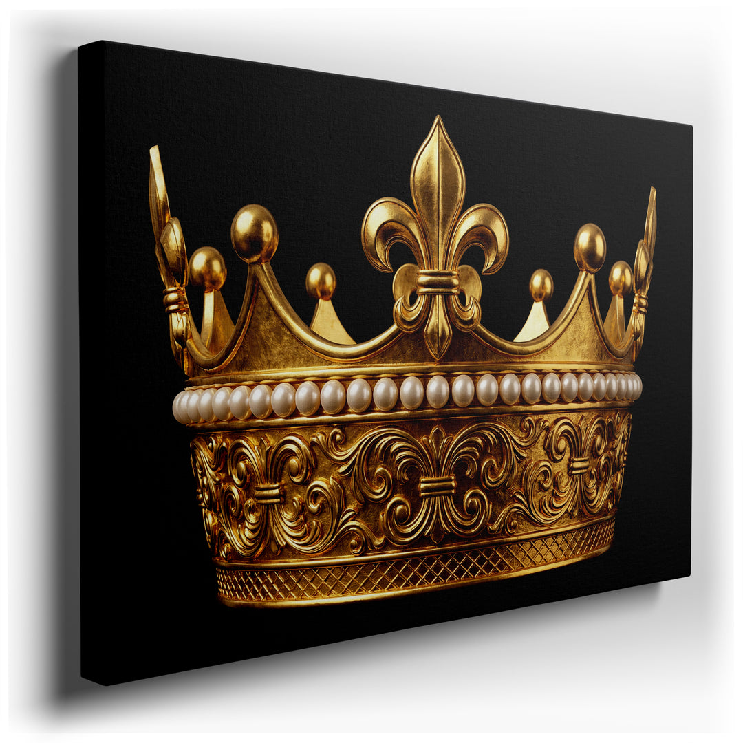 Meticulously crafted golden crown canvas wall art featuring intricate detailing and pearls against a dramatic dark background.