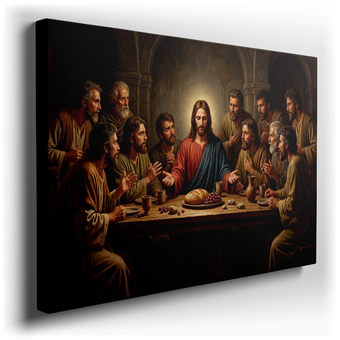 Canvas print of The Last Supper depicting Jesus and his disciples in a beautifully rendered scene with warm colors and detailed brushstrokes.
