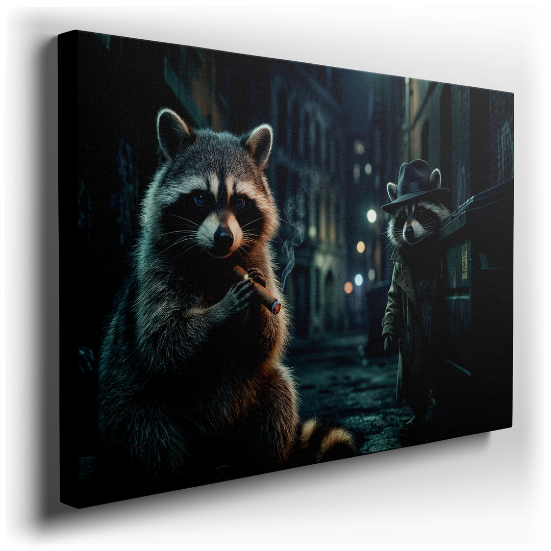 Canvas print showing two anthropomorphic raccoons, one a cigar-smoking boss and the other a detective, in a dark, humorous film-noir alley scene.