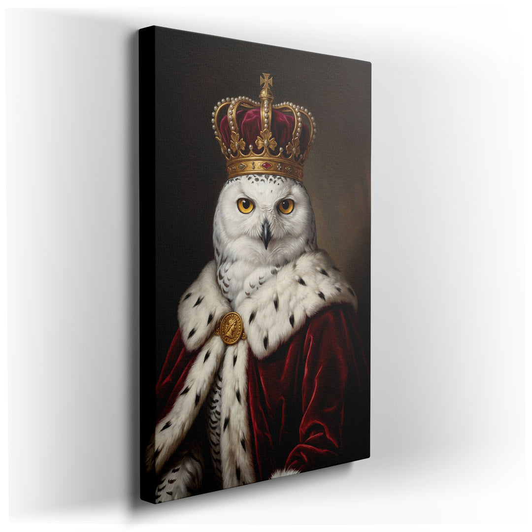 A whimsical canvas portrait of a snowy owl wearing a detailed, jeweled crown and a luxurious red velvet royal robe.