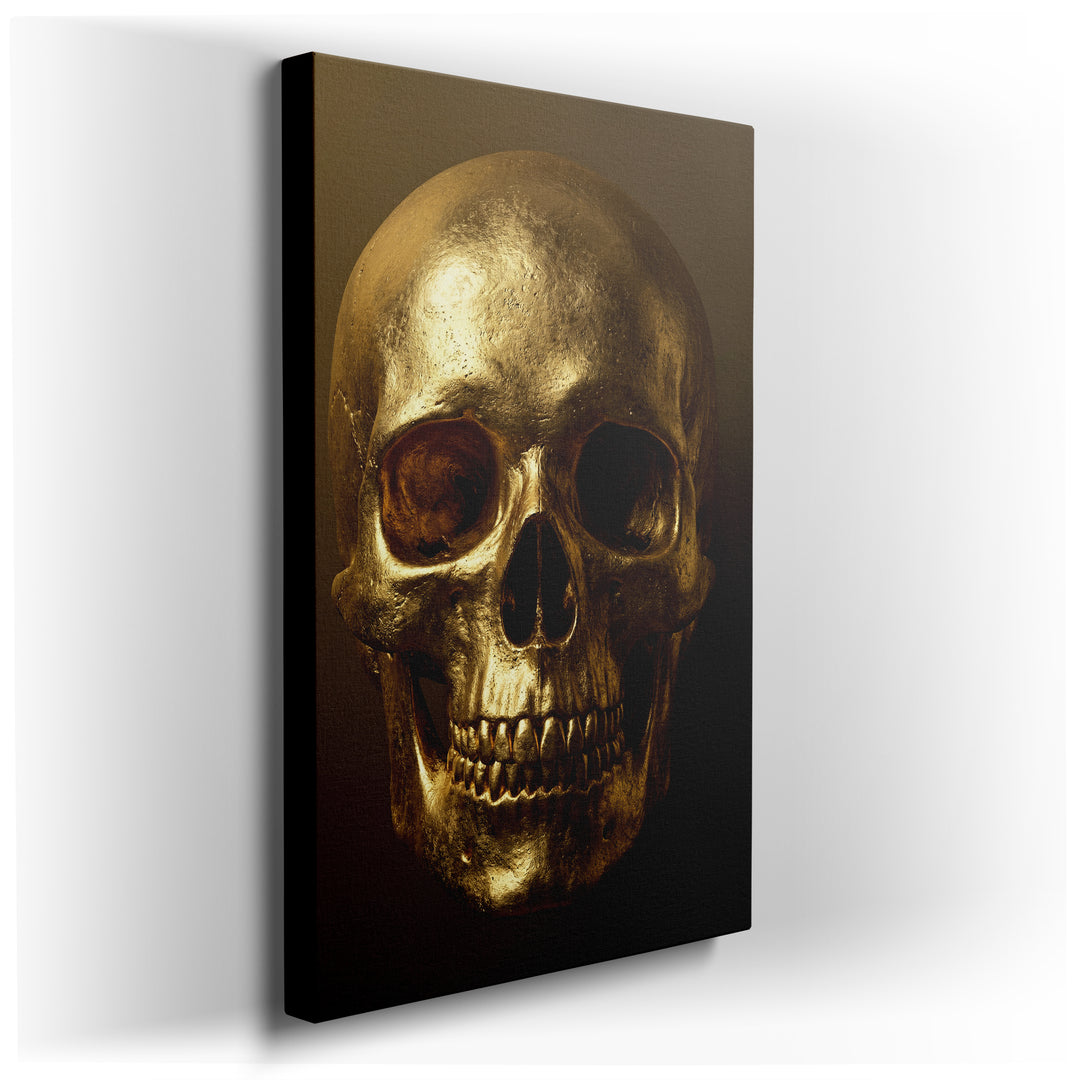 Detailed photorealistic human skull rendered in a luxurious golden hue, featuring texture and shading on canvas.