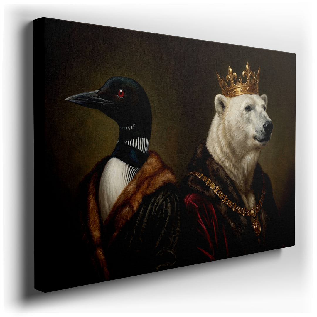 Canvas art depicting a majestic loon in a richly textured coat next to a crowned polar bear in regal attire.