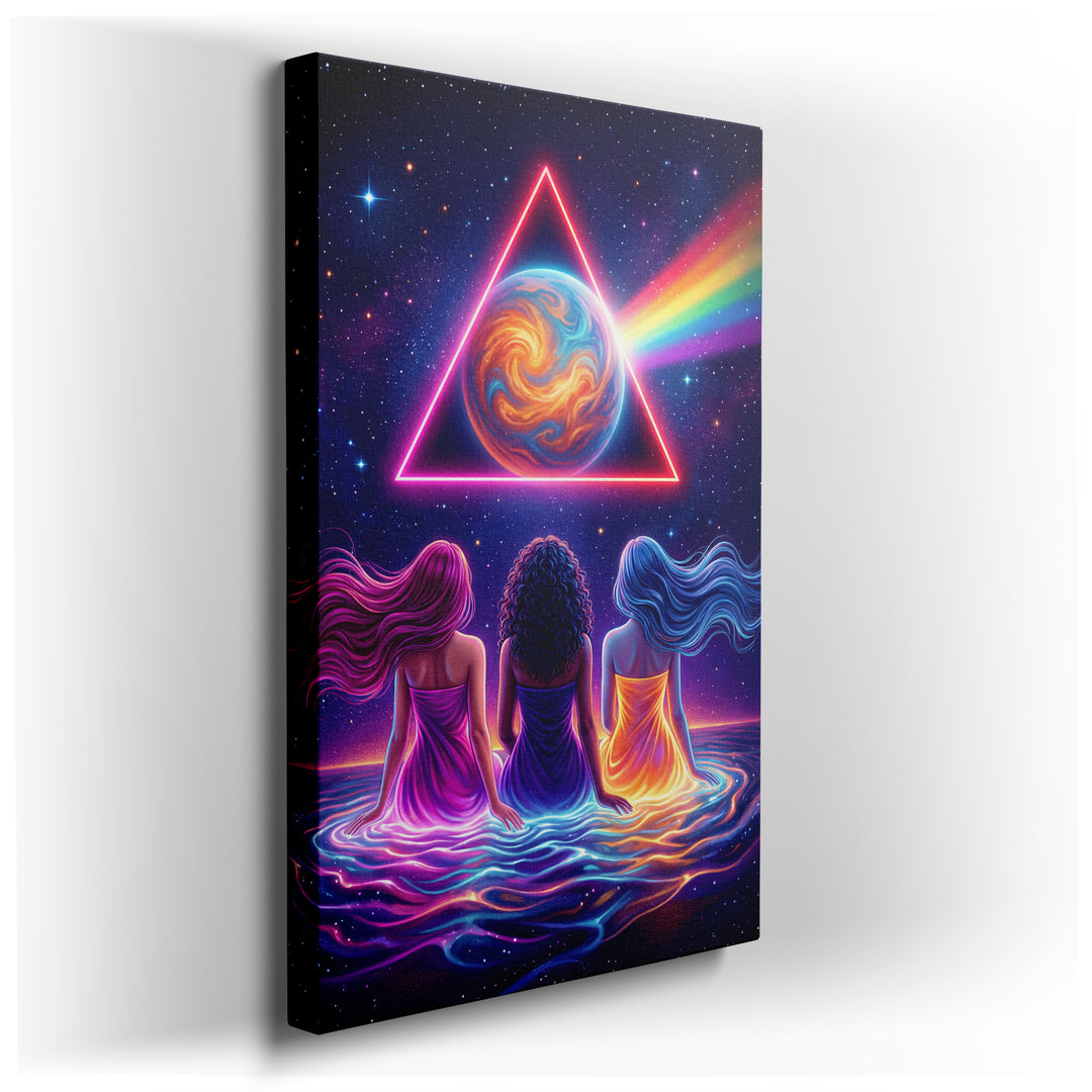 Three ethereal figures gaze at a vibrant planet framed by a neon triangle under a starry sky with a rainbow beam.