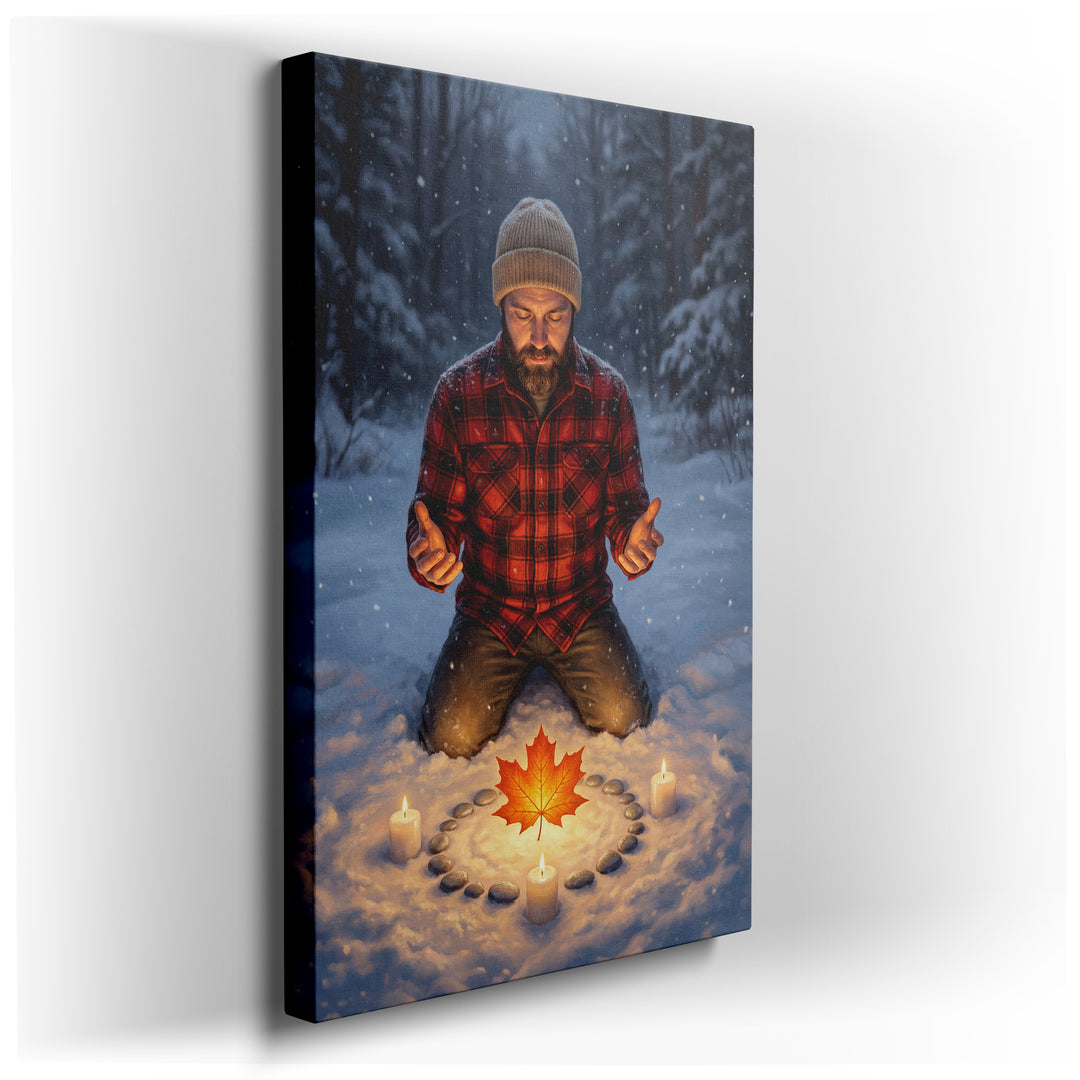 A canvas print featuring a man kneeling in a snowy forest scene, illuminated by candles next to a vibrant autumn leaf.