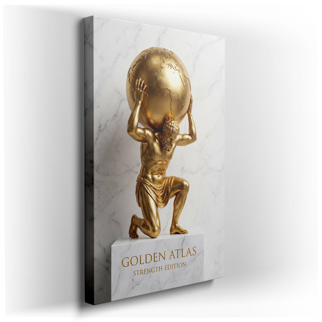 Canvas print featuring a golden, kneeling statue of the Greek Titan Atlas bearing the weight of the world on a marble background.