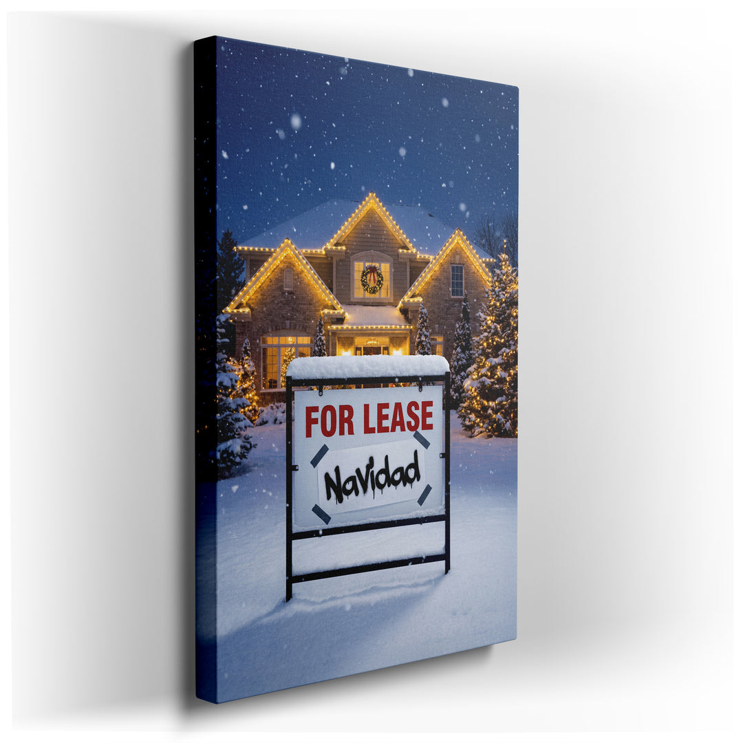 Snow-covered suburban home decorated with Christmas lights next to a "For Lease" sign altered to read "Navidad."