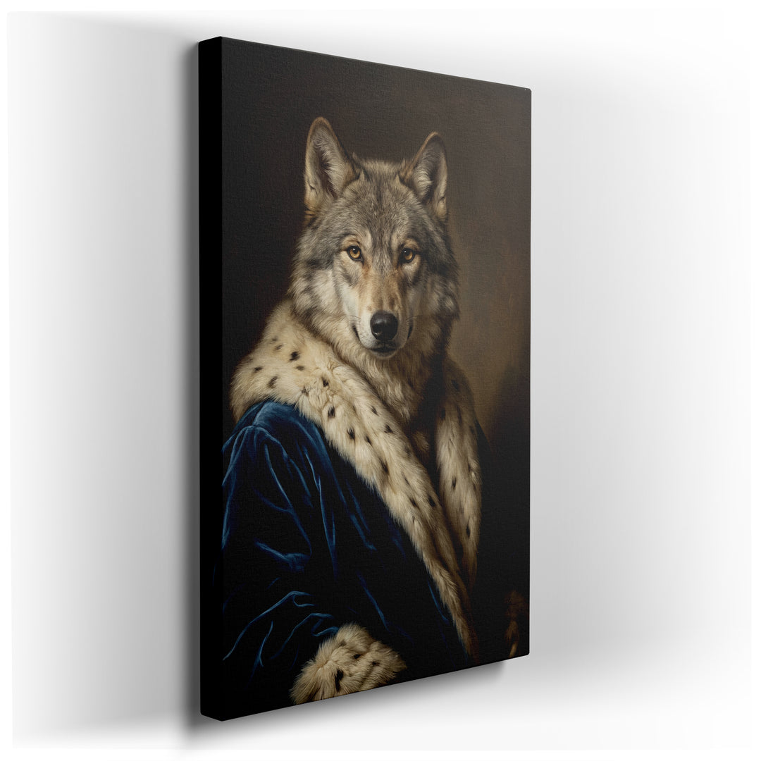Canvas art portrait of a majestic wolf dressed in a luxurious blue velvet coat with elegant fur trim, blending wildlife and aristocracy.