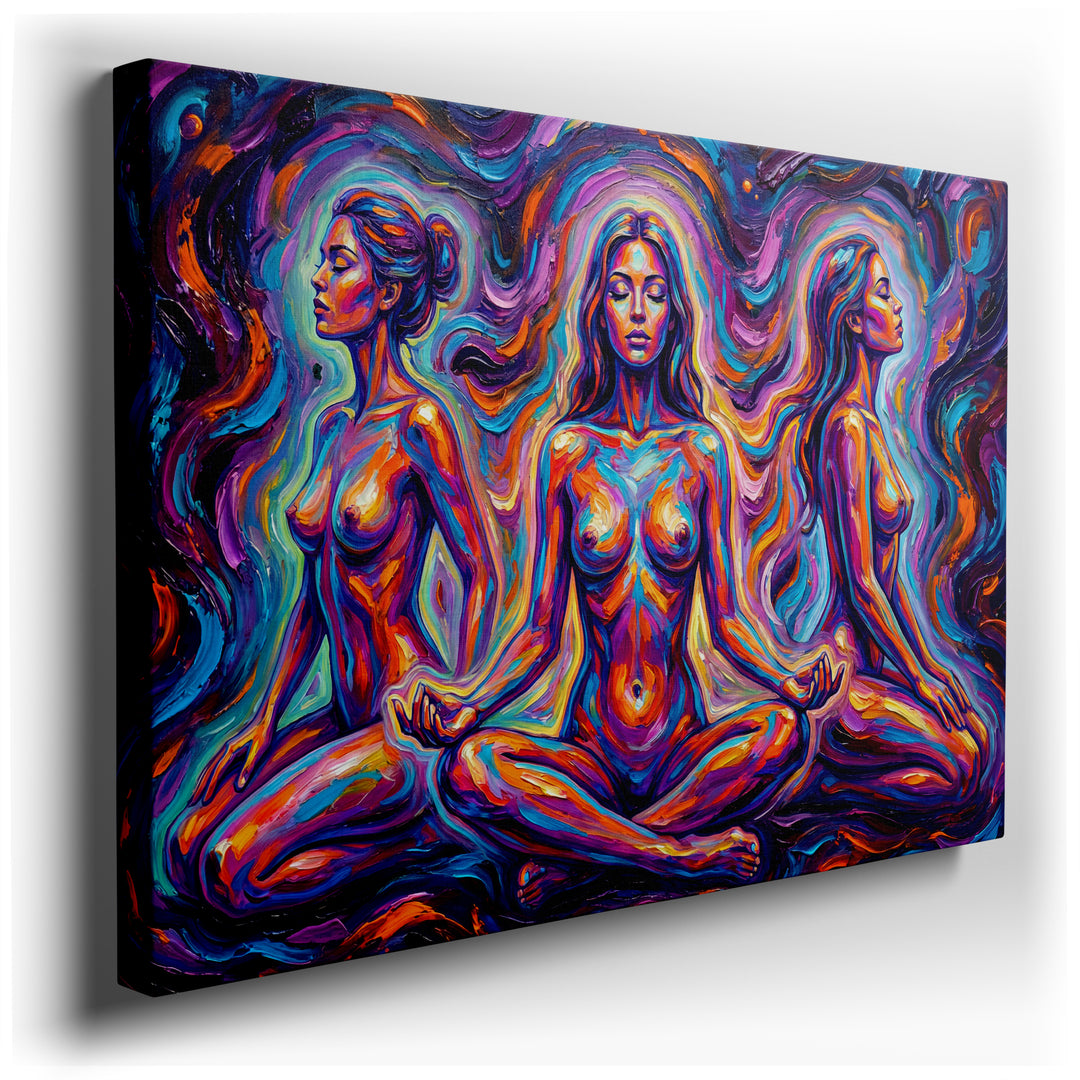 Colorful abstract canvas print showing three figures in serene meditative poses rendered with bold brushstrokes and vibrant, swirling hues.