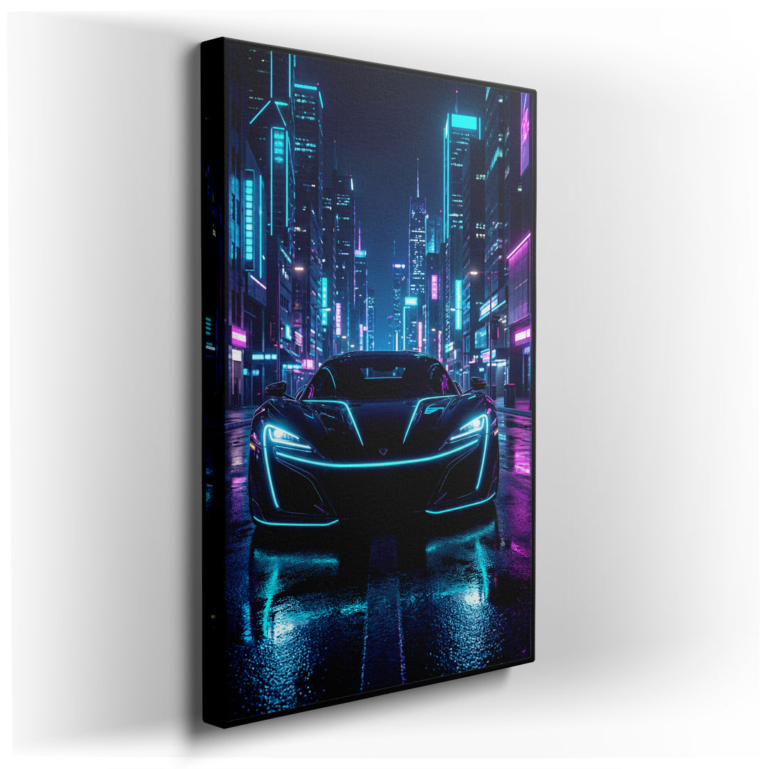 A black sports car with turquoise neon lines in the foreground, reflecting the blue, pink, and turquoise lights of a futuristic cyberpunk city.