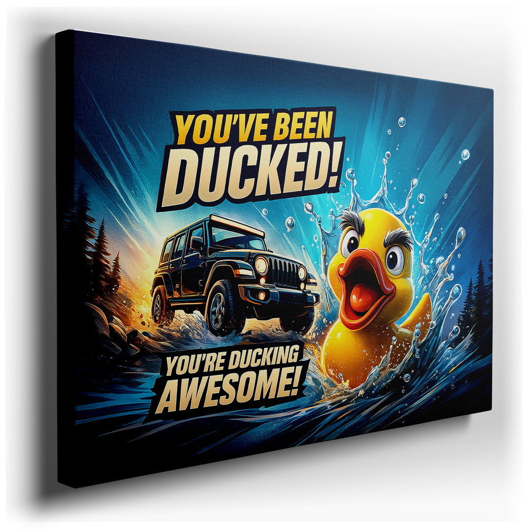 Vibrant canvas art featuring a black Jeep and a cheerful rubber duck, surrounded by dynamic water splashes and the text Youve Been Ducked.
