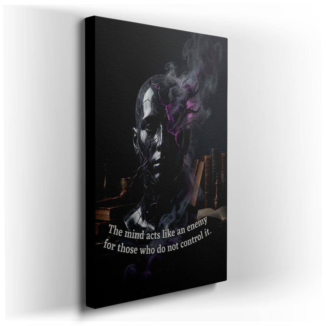 Abstract bust wall art showing a fractured face enveloped in smoke, a compelling piece of modern wall decor on canvas.