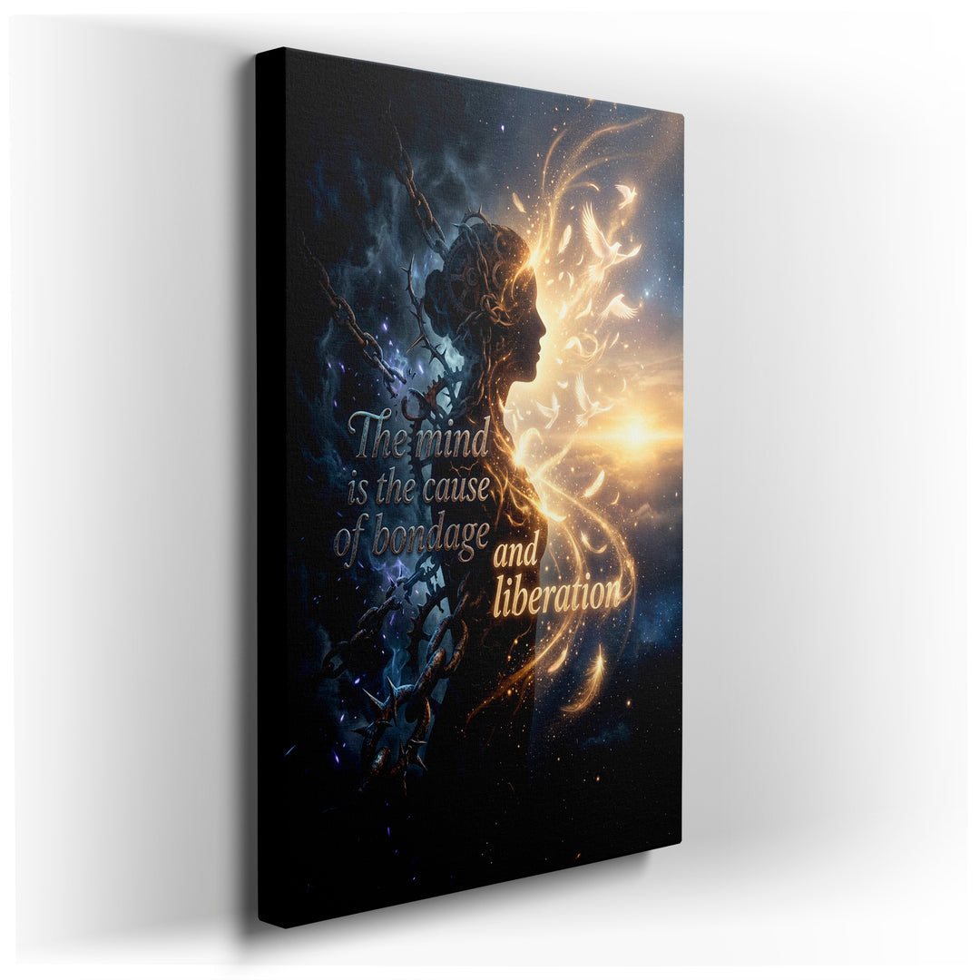 Conceptual wall art depicts a silhouette with chains & light, illustrating 'The mind is the cause of bondage and liberation'.