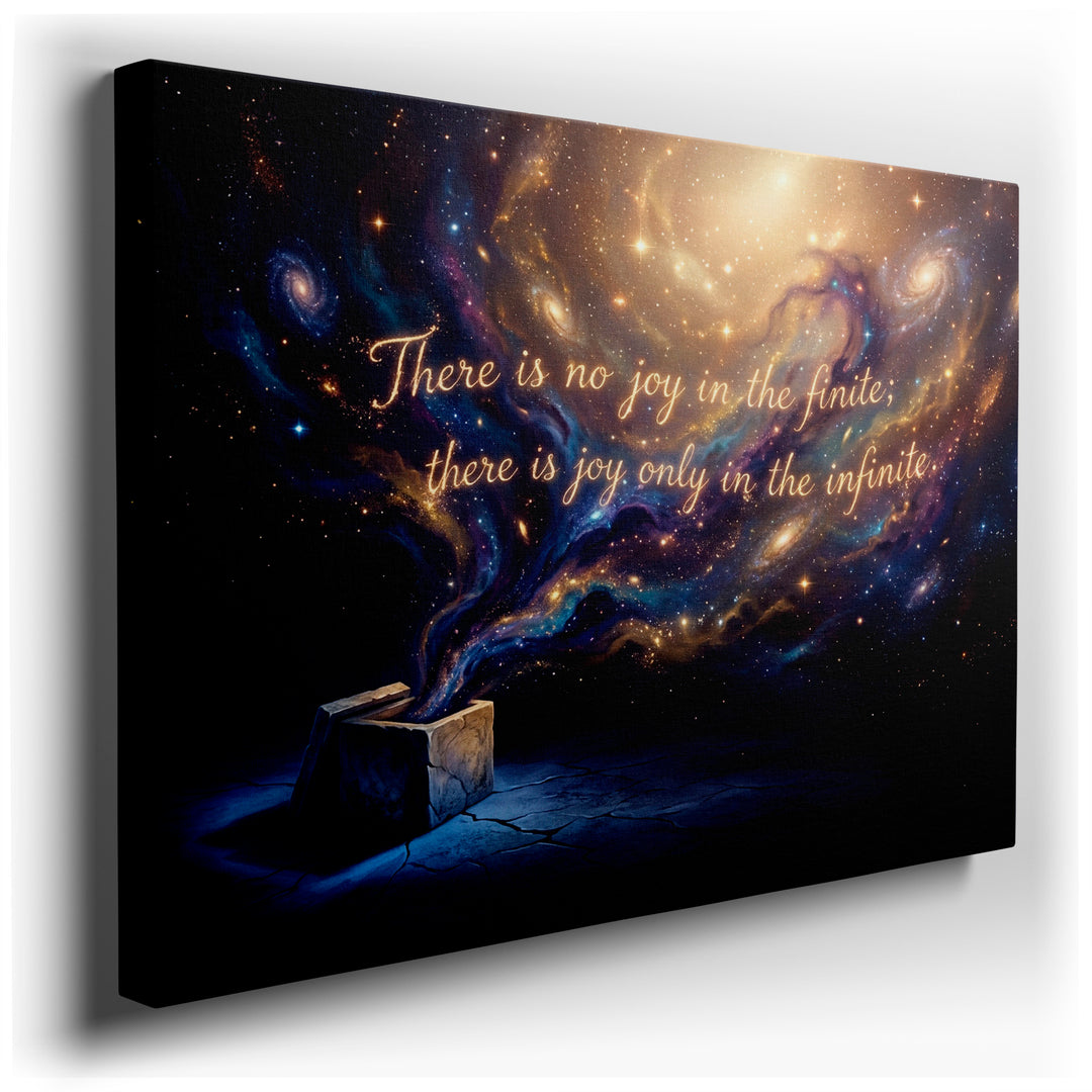 Inspirational galaxy canvas wall art with a quote on joy, showcasing a cosmic design emerging from an open box.