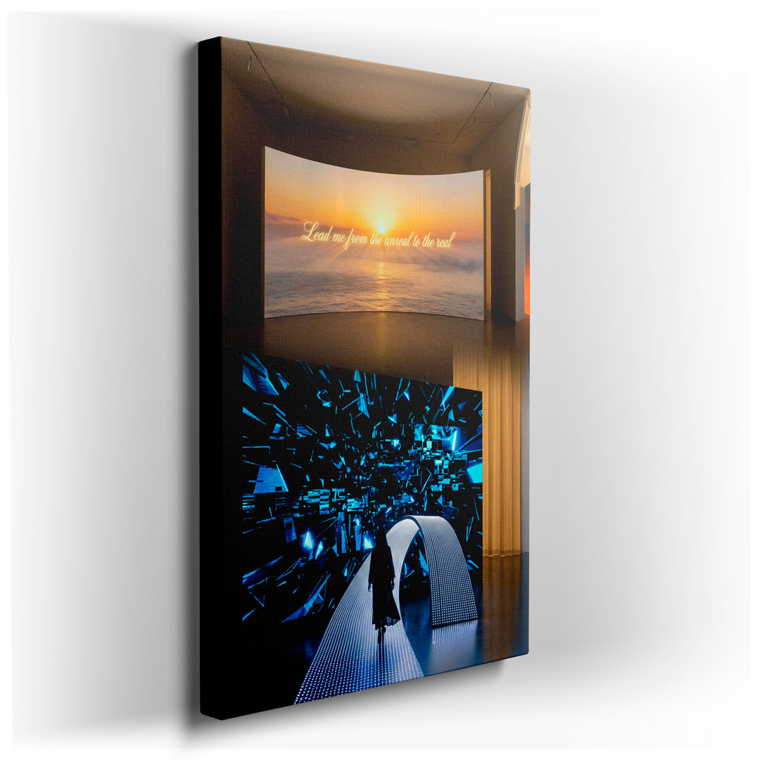Two screens display contrasting imagery: a calm sunset seascape and a dynamic blue digital abstraction. Contemporary wall art.
