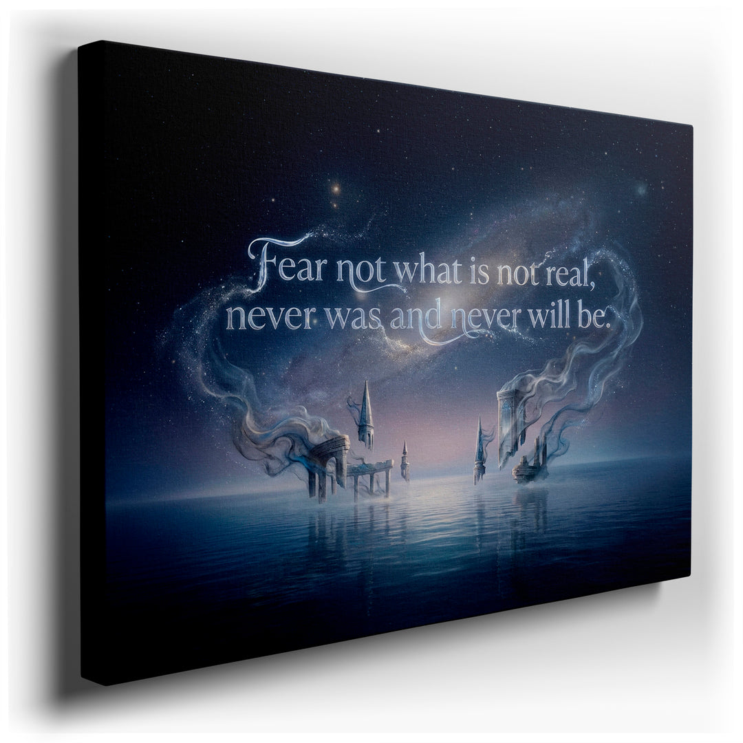 Ethereal fantasy landscape wall art featuring floating architecture under a starry sky with an inspirational quote on a wrapped canvas.