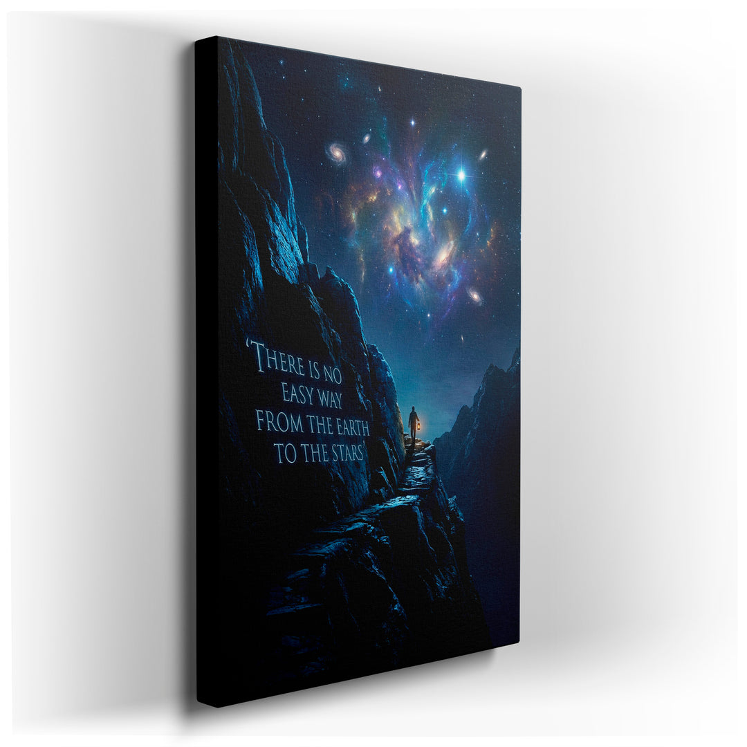 A figure climbs a mountain toward a starry sky in this inspirational quote canvas wall art.