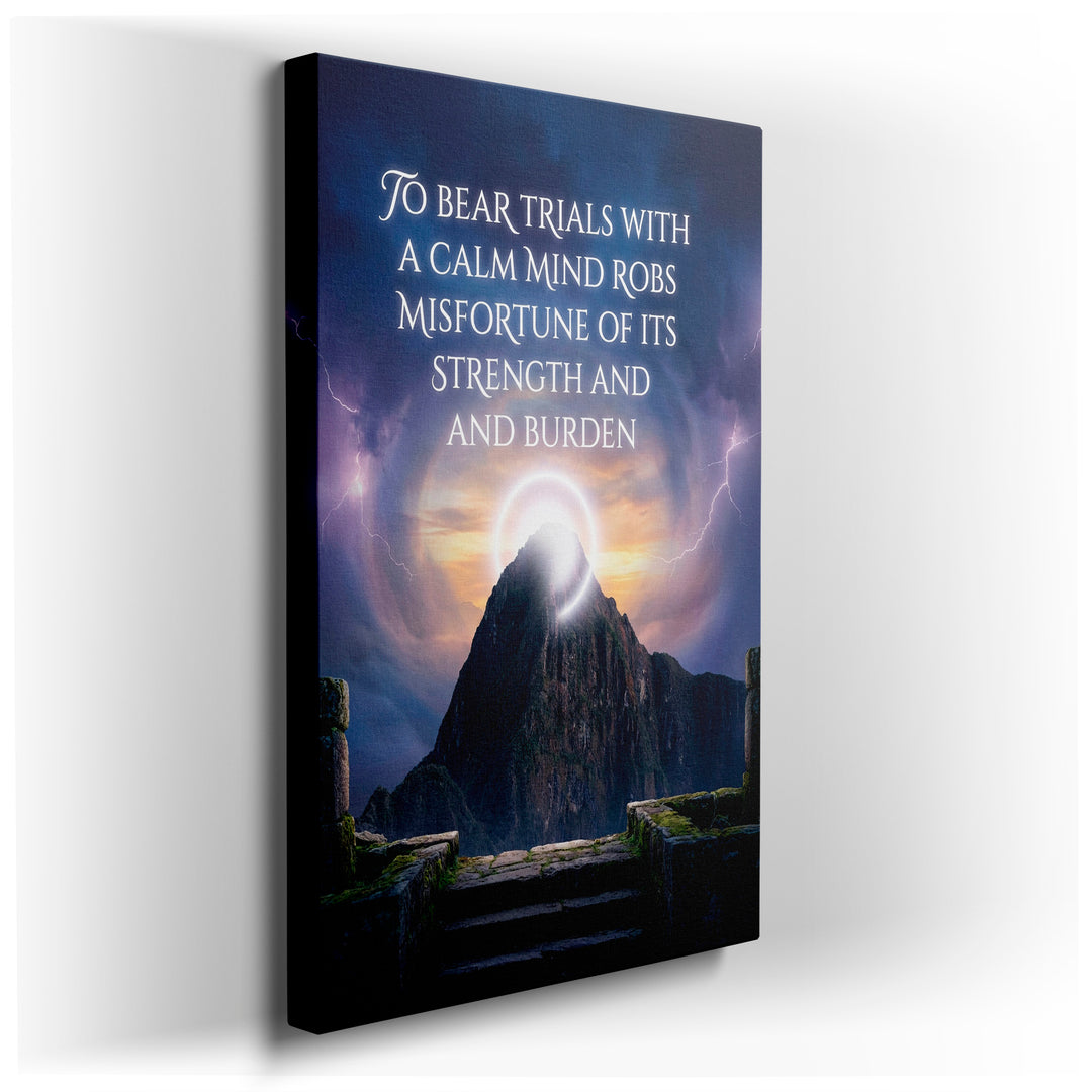 Inspirational mountain landscape wall art featuring a serene quote against a dramatic sky backdrop.