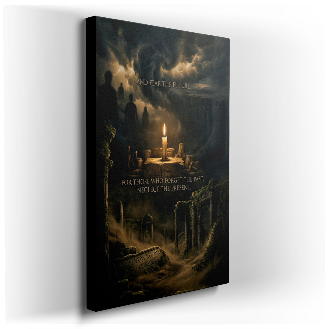 Dark fantasy wall art featuring a lit candle among ruins, conveying a gothic and reflective atmosphere with shadowy figures.