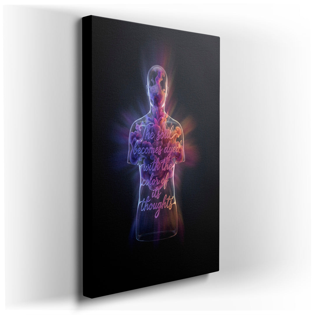 Abstract wall art featuring a translucent figure filled with vibrant colors and the quote about the soul being dyed by thoughts.