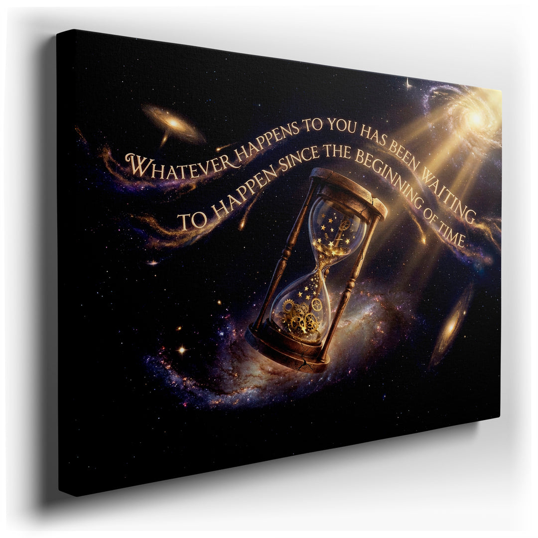Hourglass wall art features a cosmic galaxy background with stars and an hourglass filled with gears and the text of time.