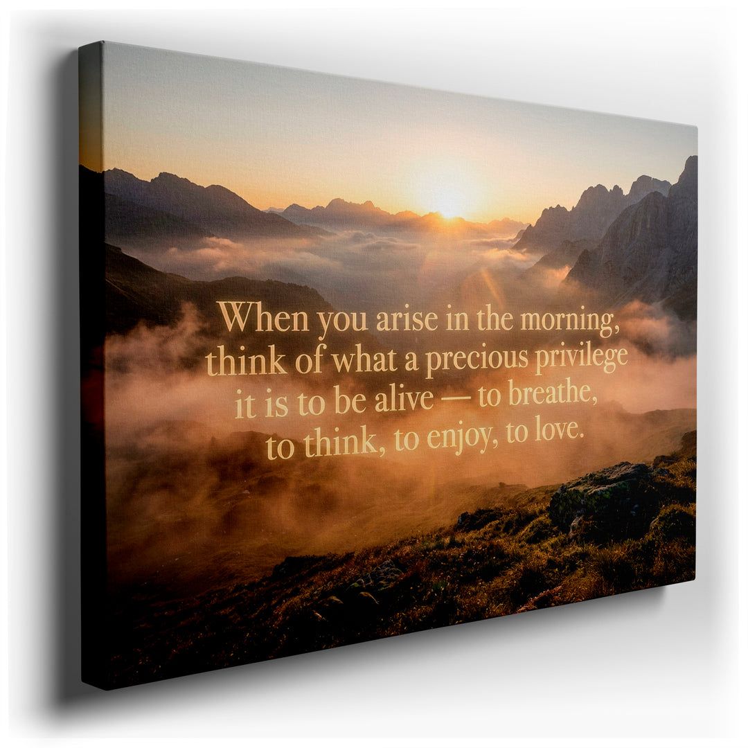 Sunrise illuminates mountains with an inspirational quote on the wall art print adding serenity to home decor.