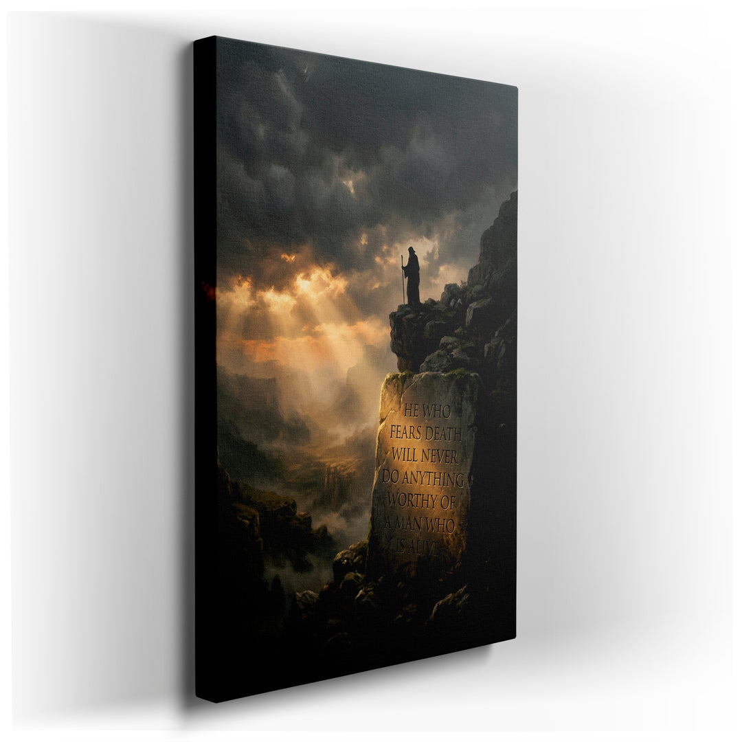 Silhouette canvas wall art with an inspirational quote on a mountain peak, a striking piece of wall decor.