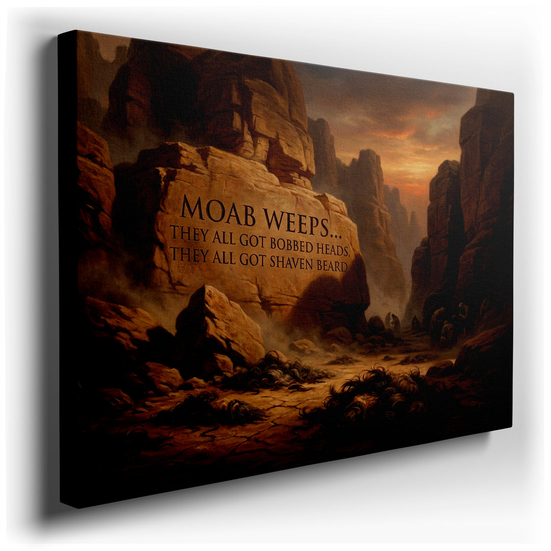 Dark fantasy wall art featuring 'Moab Weeps' inscribed on stone structures amid a somber landscape. 