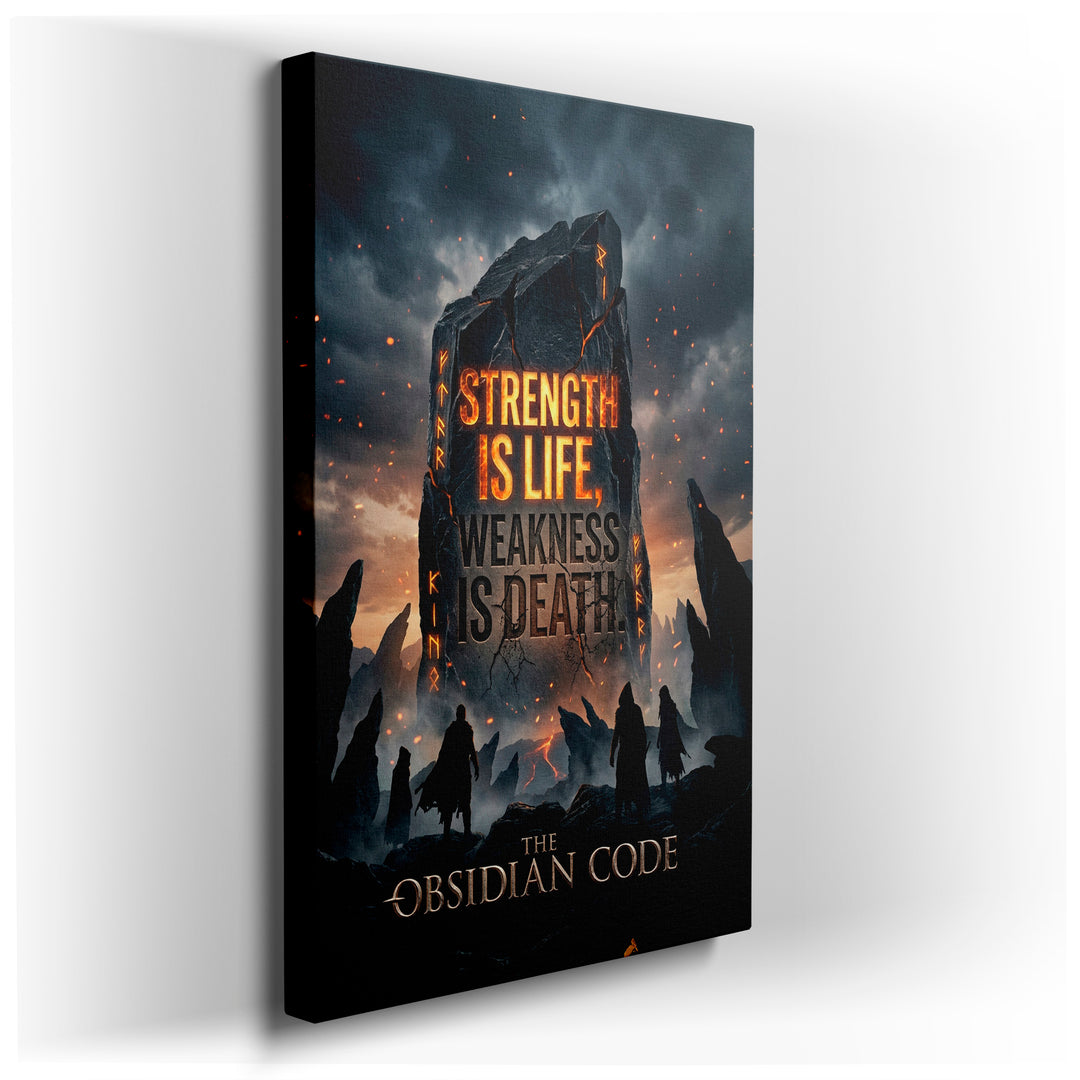 Strength is Life' canvas wall art featuring a dark fantasy scene with figures near a stone monolith in stormy setting.