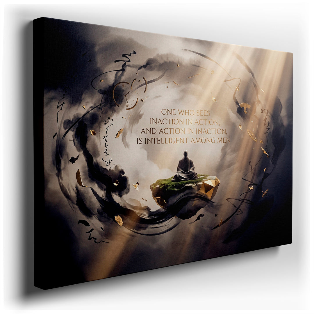 Abstract wall art featuring a meditating figure on a floating island, surrounded by symbolic imagery, on a wrapped canvas.