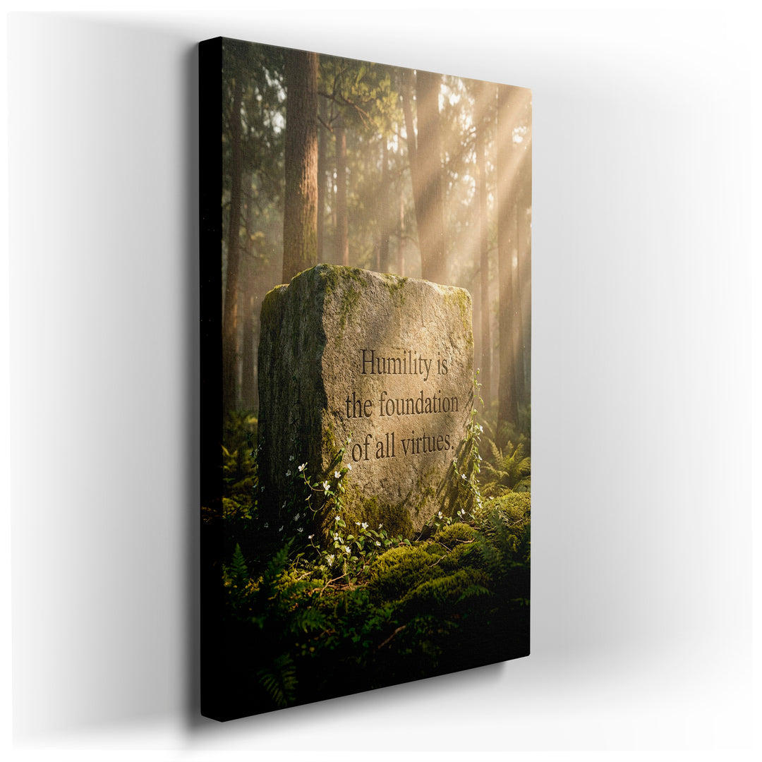 Moss-covered stone with 'Humility is the foundation of all virtues' inscription in a sunlit forest, a canvas wall art piece.
