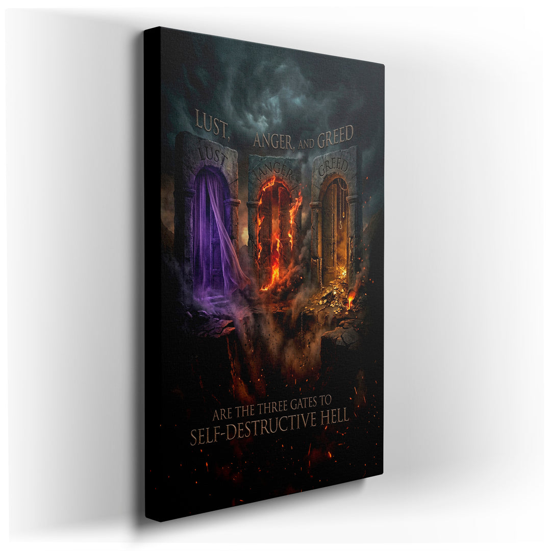 Gothic art depicts three stone gateways labeled Lust, Anger, and Greed, representing a symbolic path to self-destructive hell.