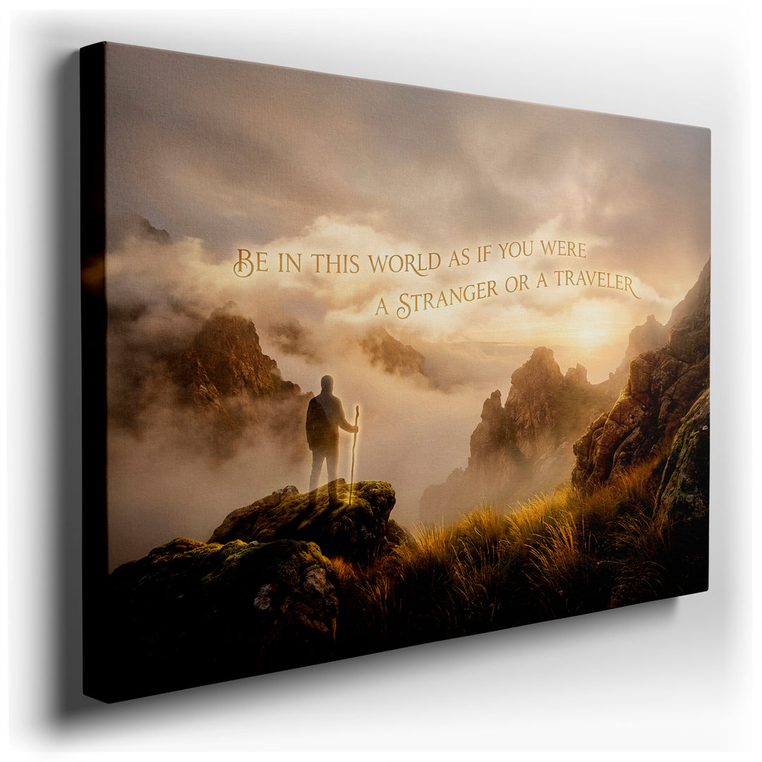 A silhouette of a traveler with a staff stands on a misty mountain. Motivational canvas wall art decor.