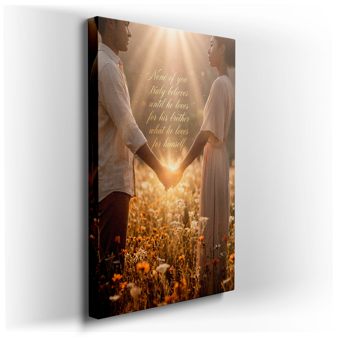 Wall art featuring a couple holding hands in a sunlit field, conveying love and devotion through gentle imagery.