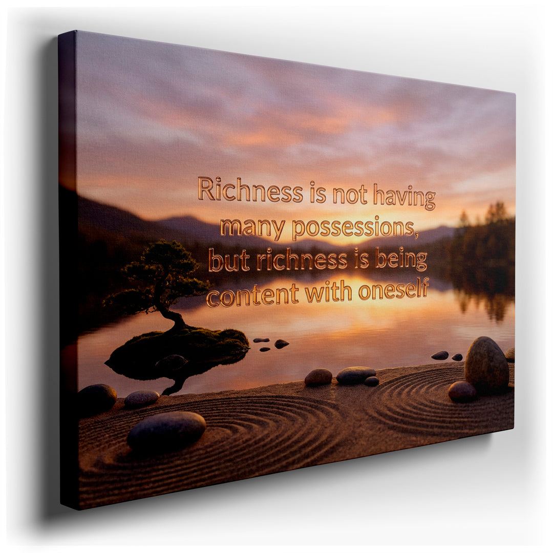 Zen garden wall art featuring a bonsai tree, lake, sunset, and inspirational quote on contentment and richness.